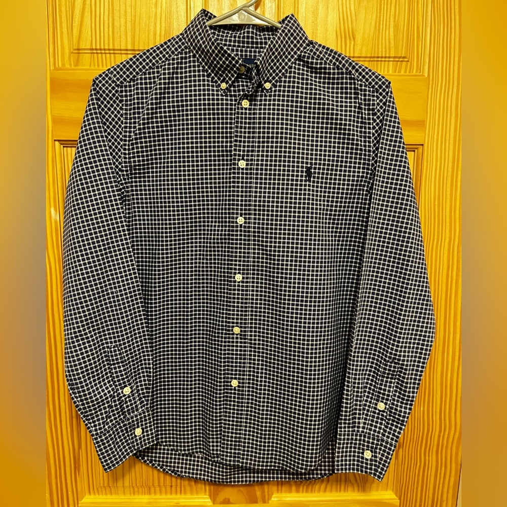 Ralph Lauren Boys' Size L (14/16) Button Down Oxford Shirt Navy/White Plaid
